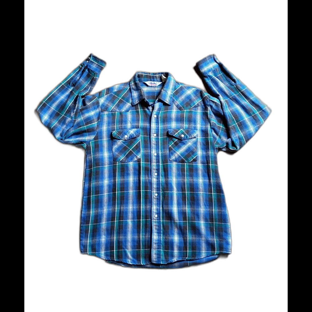 Vintage Dakota by Five Brother Snap Western Flannel Shirt L Blue Green Plaid